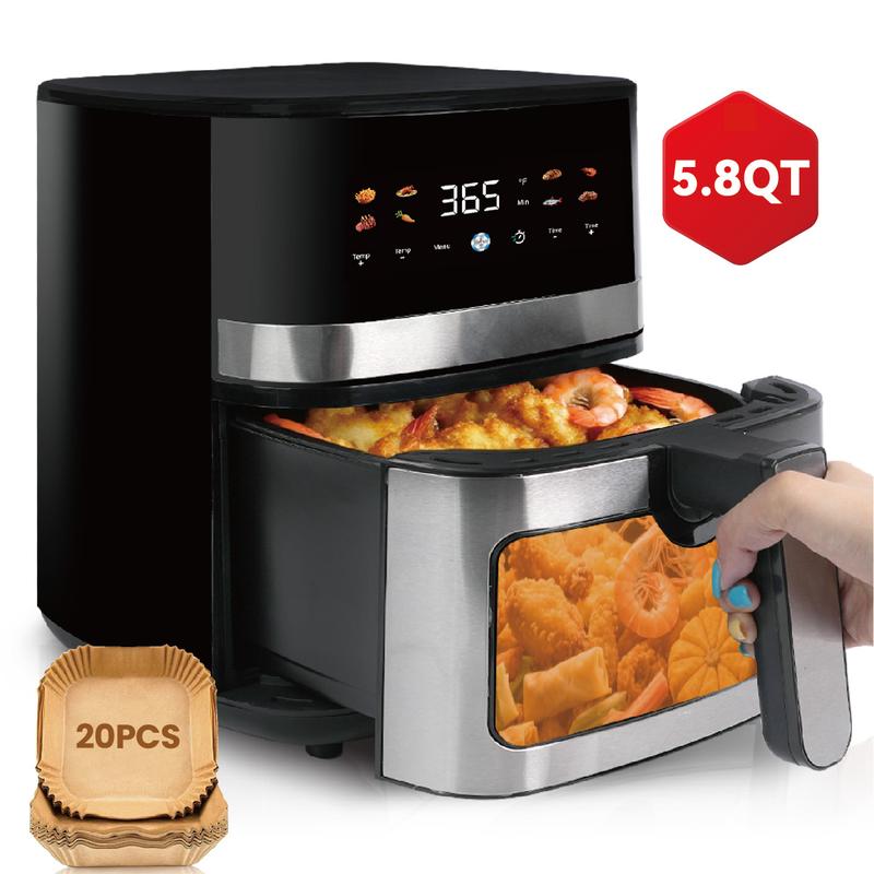 🎉New Year Mega Sale💥5.8QT Digital Air Fryer with Adjustable Temp &Time for Air Fry, 1400W Roast, Reheat, Easy Cooking for Veggies, Frozen Food, Meats, Lightweight Portable for Office, dorm, apartment, Stainless Steel, Kitchen Accessories, Deep Fryer, Kitchen, Air Fryers