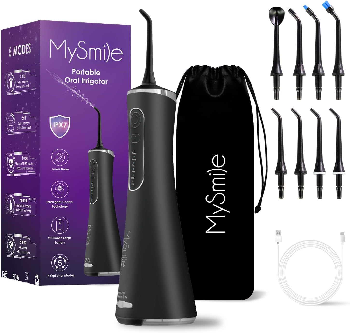 MySmile Cordless Water Flosser (260ml) - 5 Modes & 8 Jet Tips | Portable Oral Care for Braces & Travel