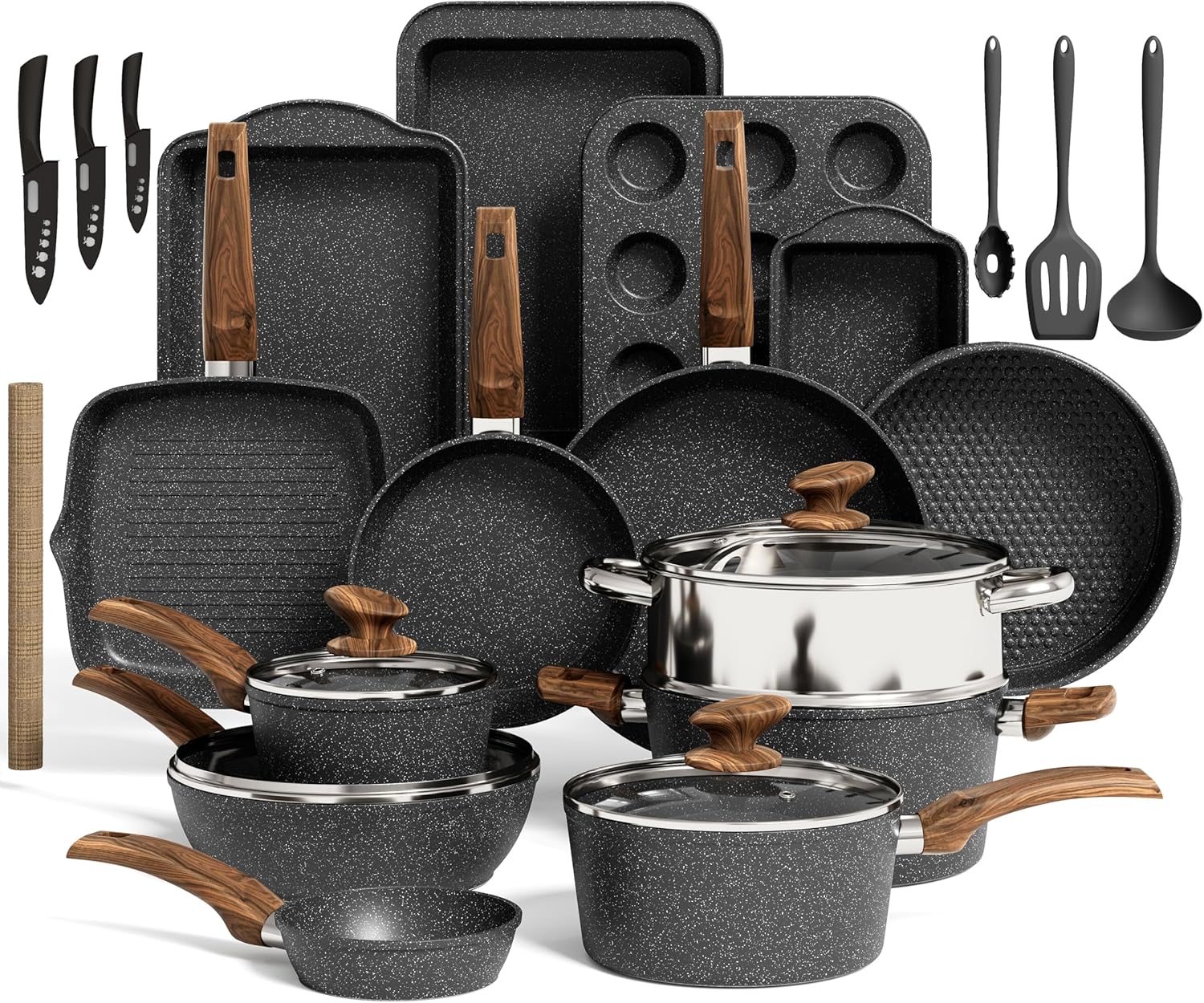 🔥（Buy 1 Get 1 Free）Kitchen Induction Cookware & Bakeware Set - 30 Piece Black Granite Cooking Pans Set, Non-Stick Pots and Pans Set