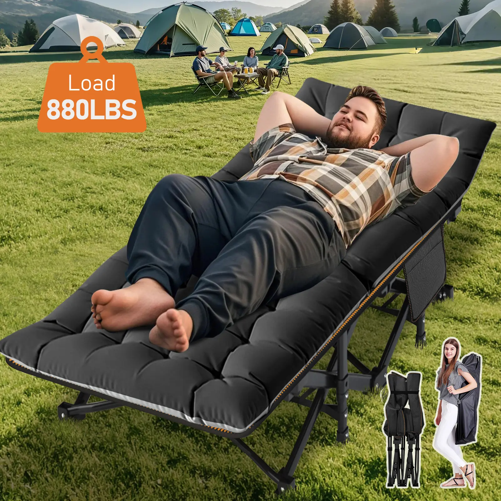 Folding Camping Cot w/3.3 Inch 2 Sided Mattress, Up to 880 Lbs Heavy Duty Sleeping Cots with Carry Bag, Folding Guest Bed, 1200 D Layer Oxford Portable Travel Camp Cots