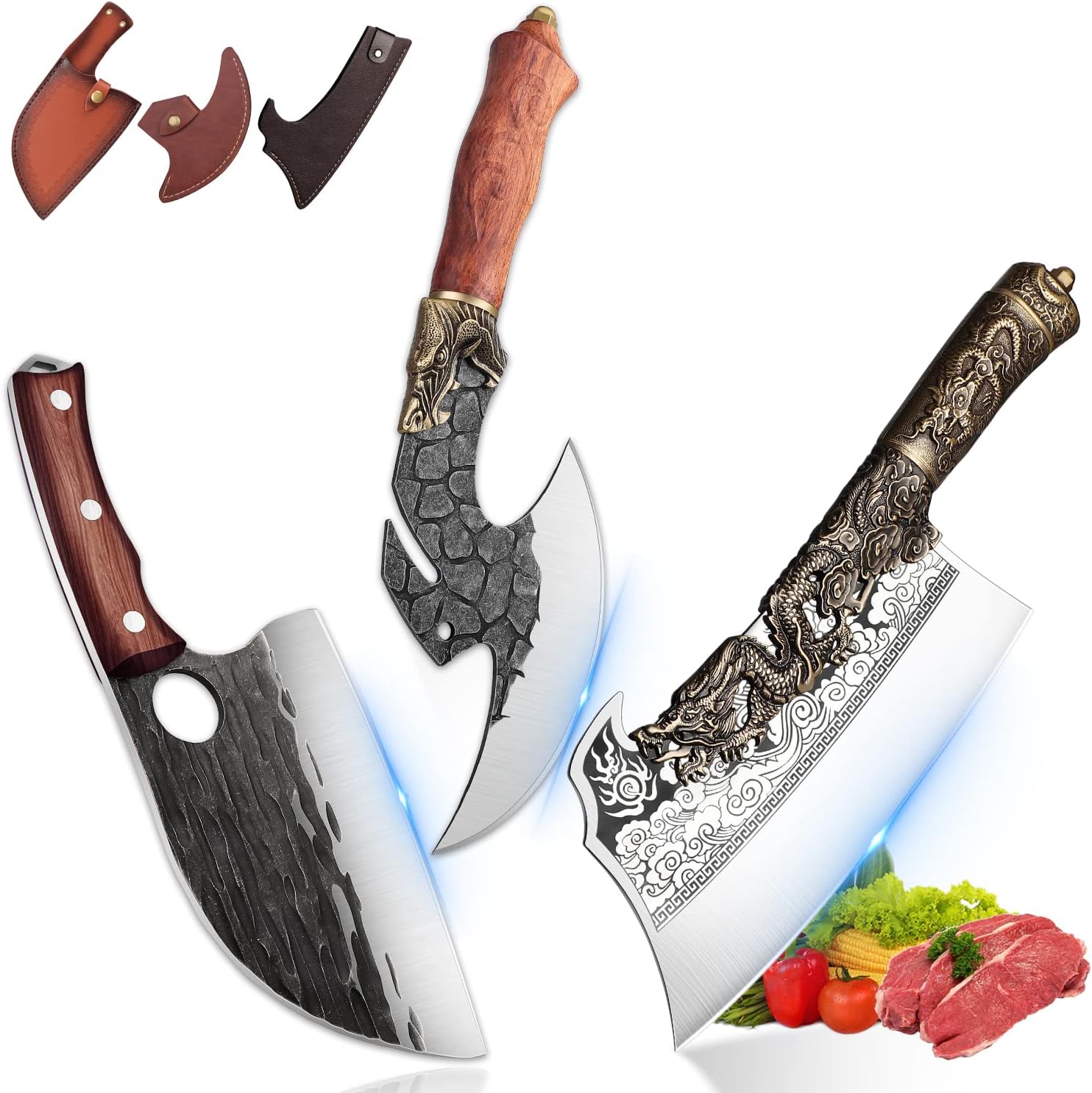 Dragon Viking Boning Serbian Chef Knife Bone Cutting Cleaver Set with Sheath Outdoor Camping BBQ Collection Christmas Gift Men