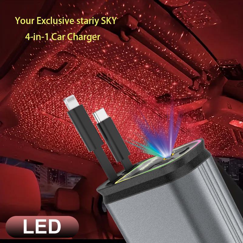 🎉New Year Mega Sale💥🌟Buy 1 Get 1 Free🌟Starlight In Roof Retractable Charger with Lightning Cable, Dual Charge Port , Fast Charging Adapter -Automotive 4-in-1 car charger red light