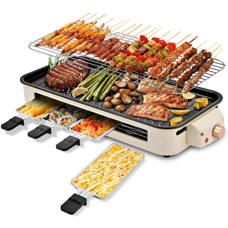 🎉New Year Mega Sale💥Pukomc Electric Indoor Grill,2 in 1 Indoor Grills for Kitchen with Grill Net & Non-Stick Cooking Removable Plate, Temperature Control, Dishwasher Safe, 1500W Smokeless barbecue Universal Griddle