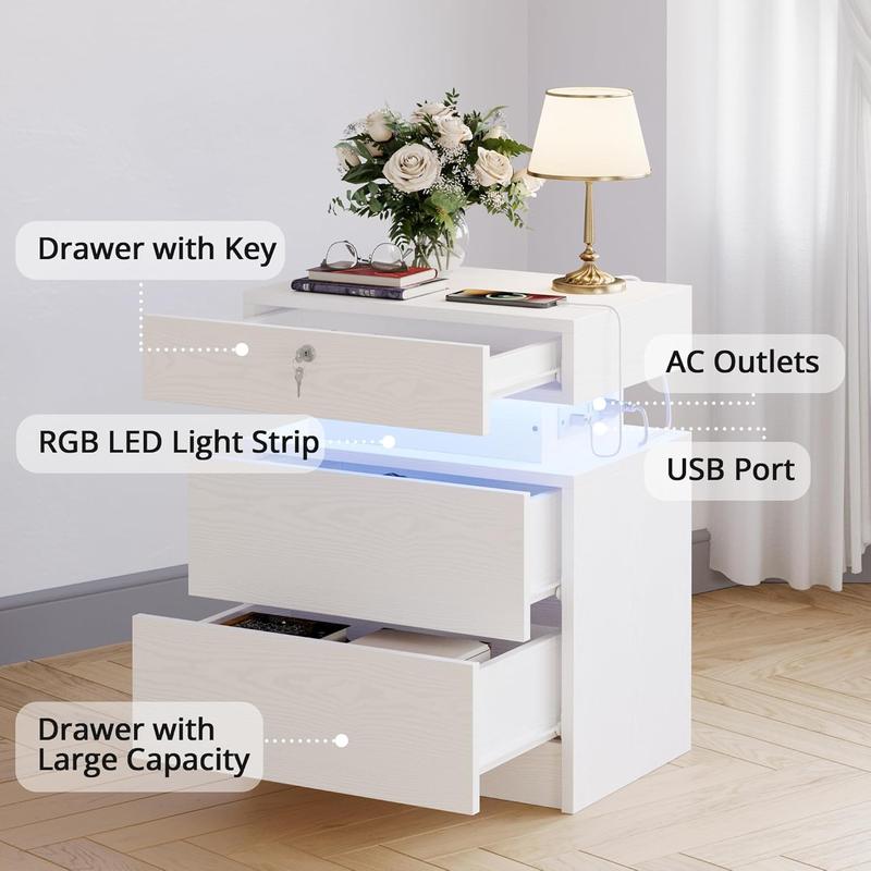 🎉New Year Mega Sale💥🌟Buy 1 Get 1 Free🌟LIKIMIO Night Stand with Charging Station, Modern Nightstand with LED Light and 2 Drawers, Bedside Tables/End Table for Bedroom