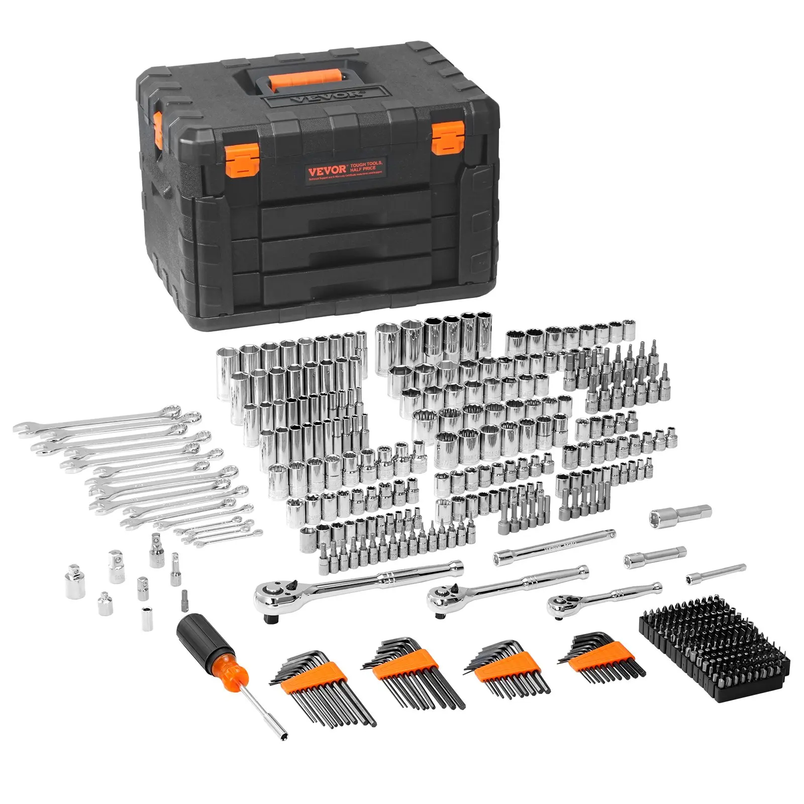 VEVOR Mechanics Tool Set and Socket Set, 1/4" 3/8" 1/2" Sockets, 450 Pcs SAE & Metric Tools, Storage Case, Accessories Included