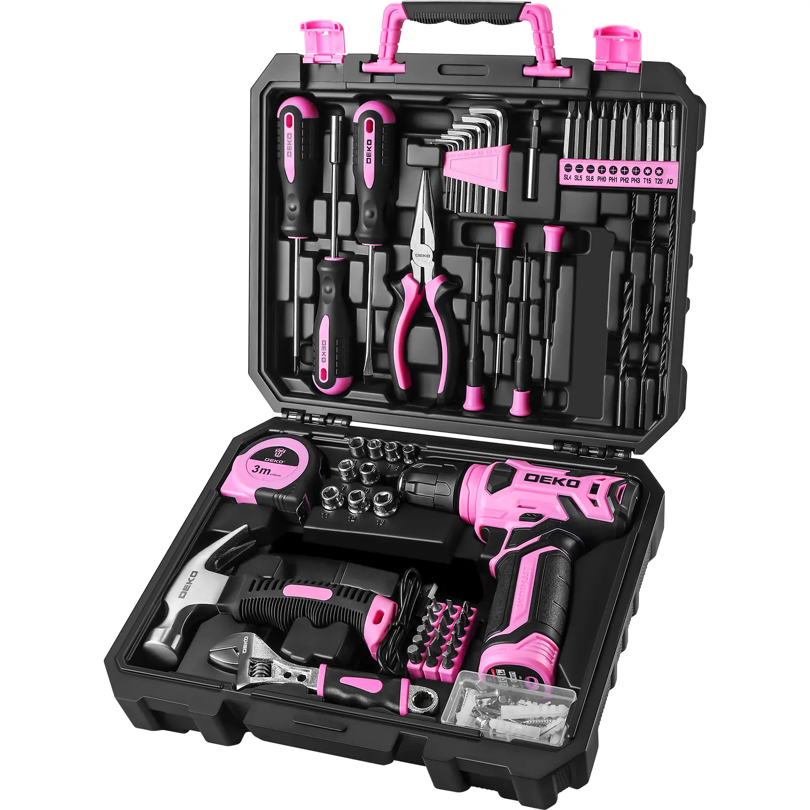The DEKOPRO 126-piece Home Tool Set includes an 8V cordless drill, rechargeable batteries, and a compact all-in-one toolbox. It's the perfect gift and ideal for home repairs and DIY projects.