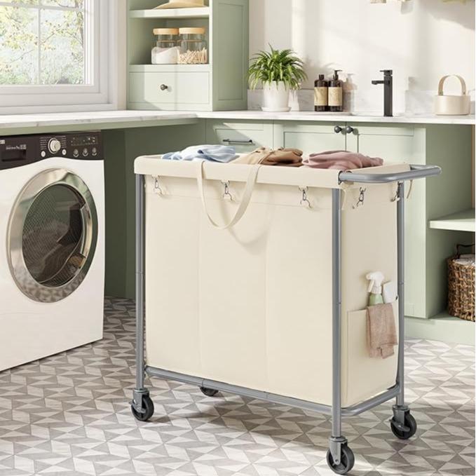 SONGMICS HOME Laundry Basket with Wheels, Rectangular Rolling Laundry Hamper, Removable Liner, Steel Frame with Handle, Storage, Organiser