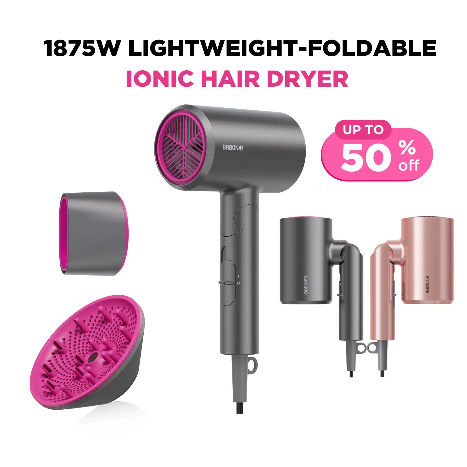 Ionic Hair Dryer 1875W Quick-Dry, Frizz Reduction, Concentrator & Diffuser Accessories, Lightweight & Quiet, Foldable Travel Design,Adaptable to All Hairstyles,Blow Dryer,Compact Design for Women and Men