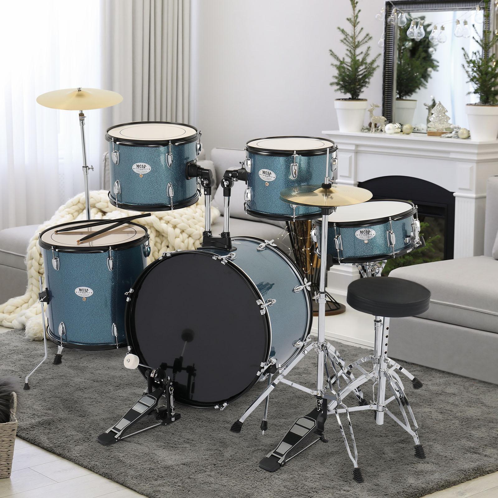 Full Size 5-Piece Adult Drum Set in Black - Bass, Toms, Snare, Cymbals, Stool, Pedal, Sticks, Double-Layer Skins, Easy Setup for All Skill Levels Percussion Instrument drums