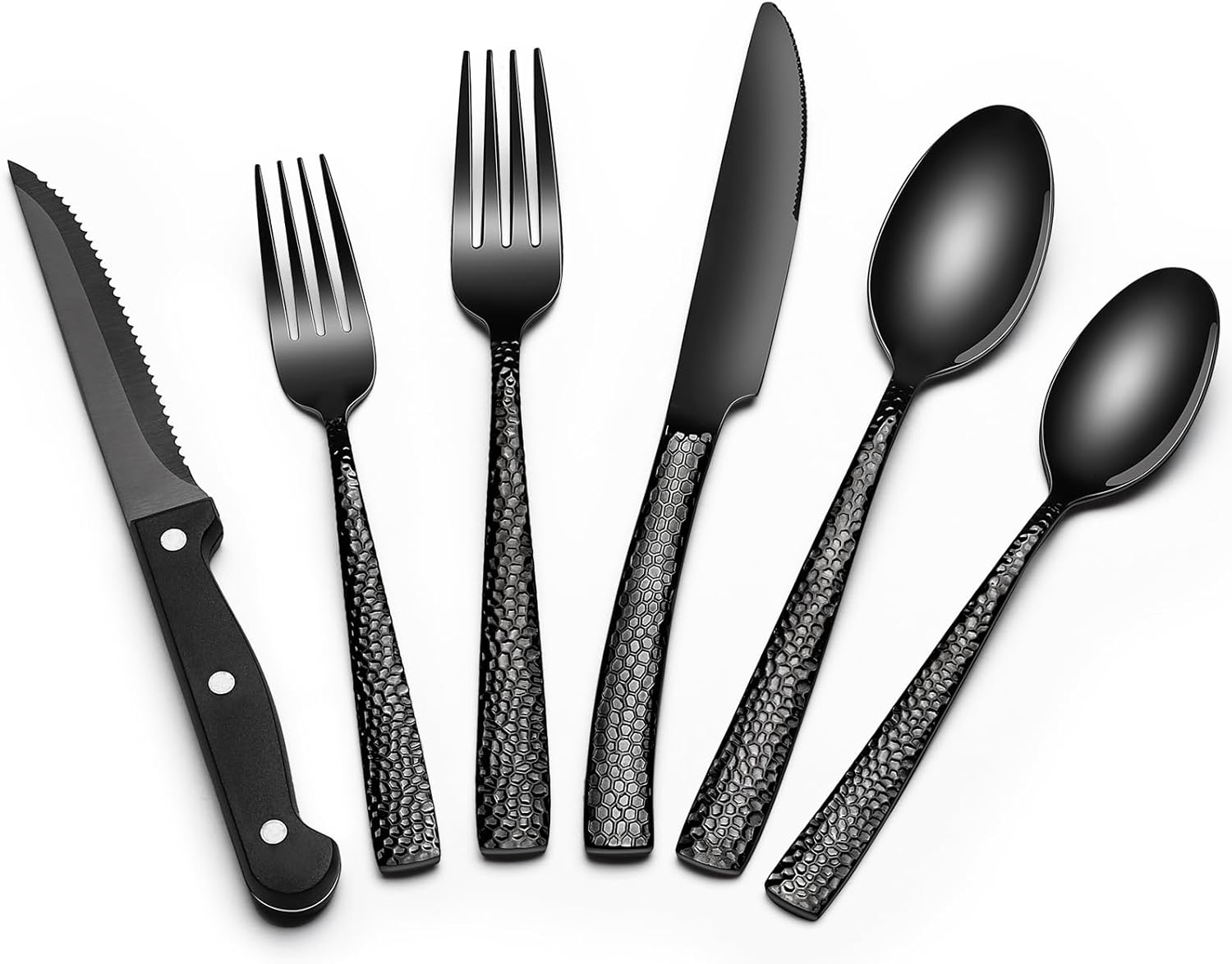 🔥Clearance sale✨Buy 1 Get 1 Free🎁24-Piece Black Silverware Set with Steak Knives, Black Flatware Set for 4, Food-Grade Stainless Steel Tableware Cutlery Set, Mirror Finished Utensil Sets for Home Restaurant