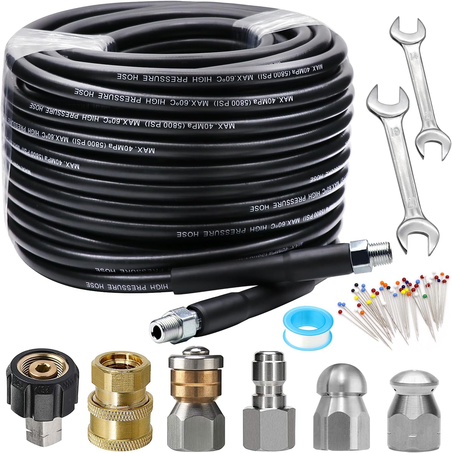 Sewer Jetter Kit 100FT for Pressure Washer, 5800PSI Drain Cleaner Hose 1/4 Inch NPT Corner Rotating and Button Nose Sewer Jetting Nozzle Spanner Waterproof Tape Pearl Corsage Pin