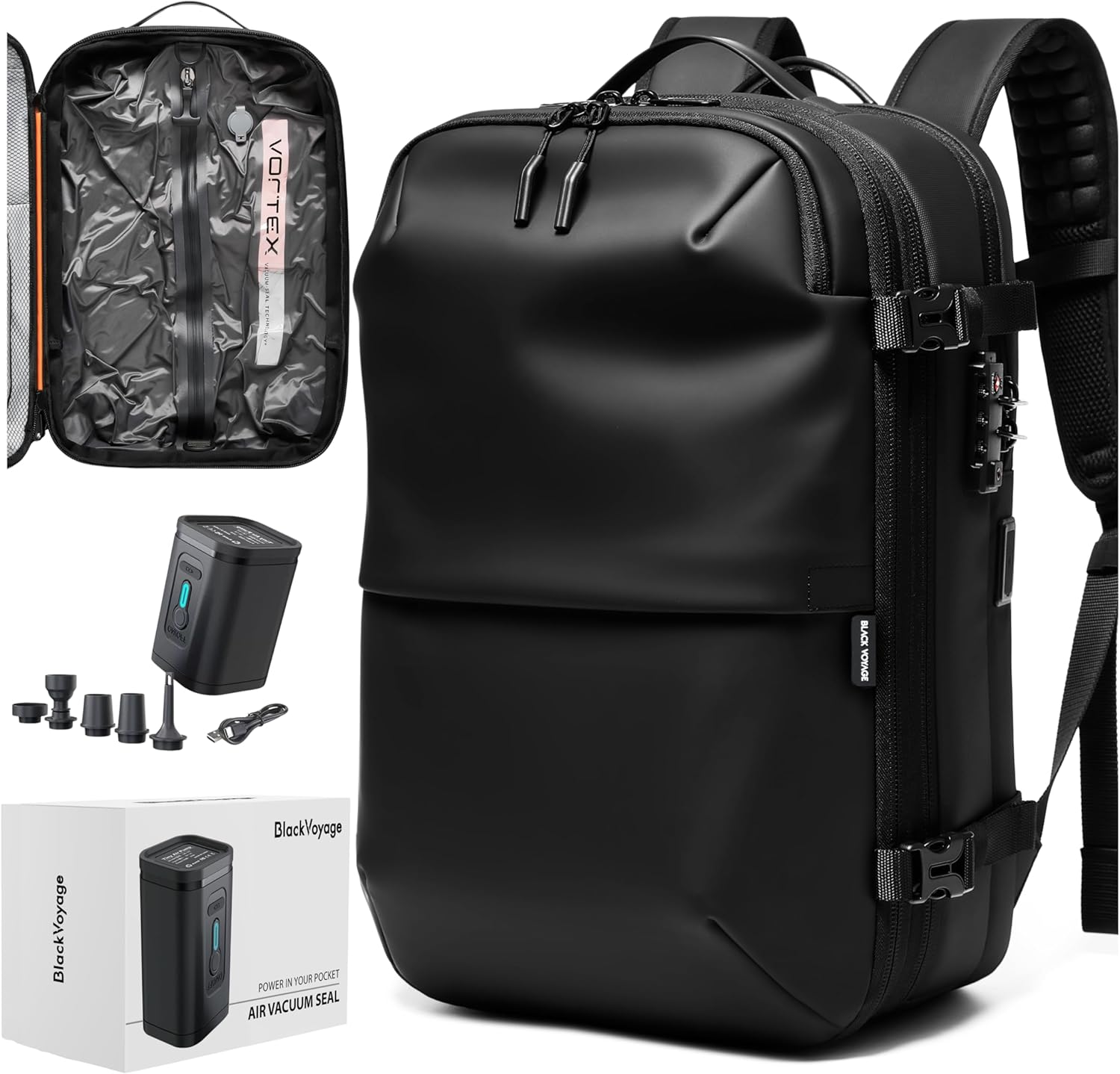 🔥Vortex Vacuum Seal Travel Backpack 60L Expandable Air Compression System Water Resistant TSA Lock Carry-On Suitcase Luggage Black AERO - Vacuum Pump Included