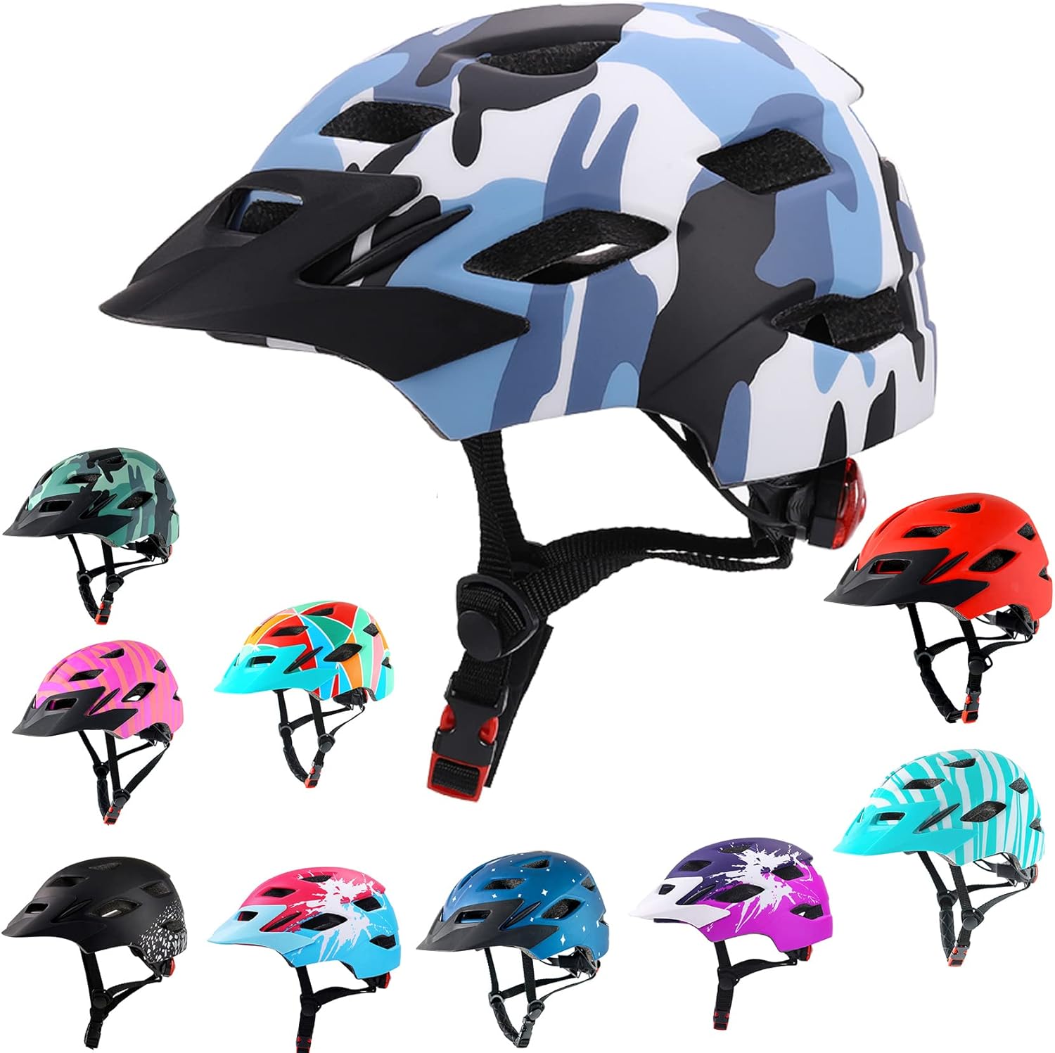 Kids Bike Helmet,Bavilk Kids Boys Girls Bike Helmets with LED Light Detachable Visor Children Youth Teen Multi-Sport for Skating Cycling Scooter Skateboard Adjustable & Lightweight 19.7-22.4