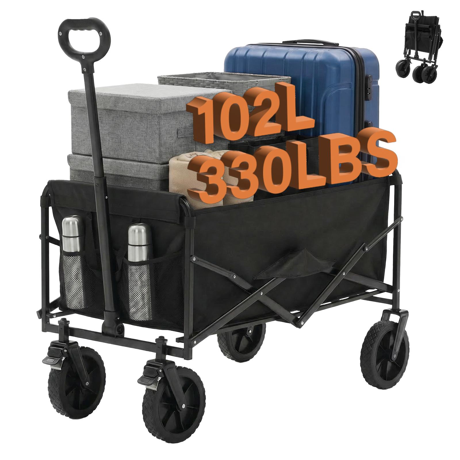Collapsible Wagon Cart Foldable with Wheels, 102L Large Capacity 330 lbs Utility Carts Heavy Duty with Flexible Handle for Sports, Grocery, Garden & Camping