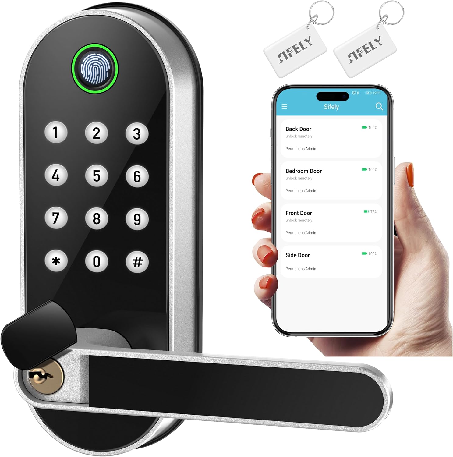 Keyless Entry Fingerprint Smart Lock with Handle & Keypad: Sifely Biometric Digital Electronic Lock with Code, Electric Deadbolt Door Knob for Front, Interior, Exterior & Bedroom Doors (Silver)