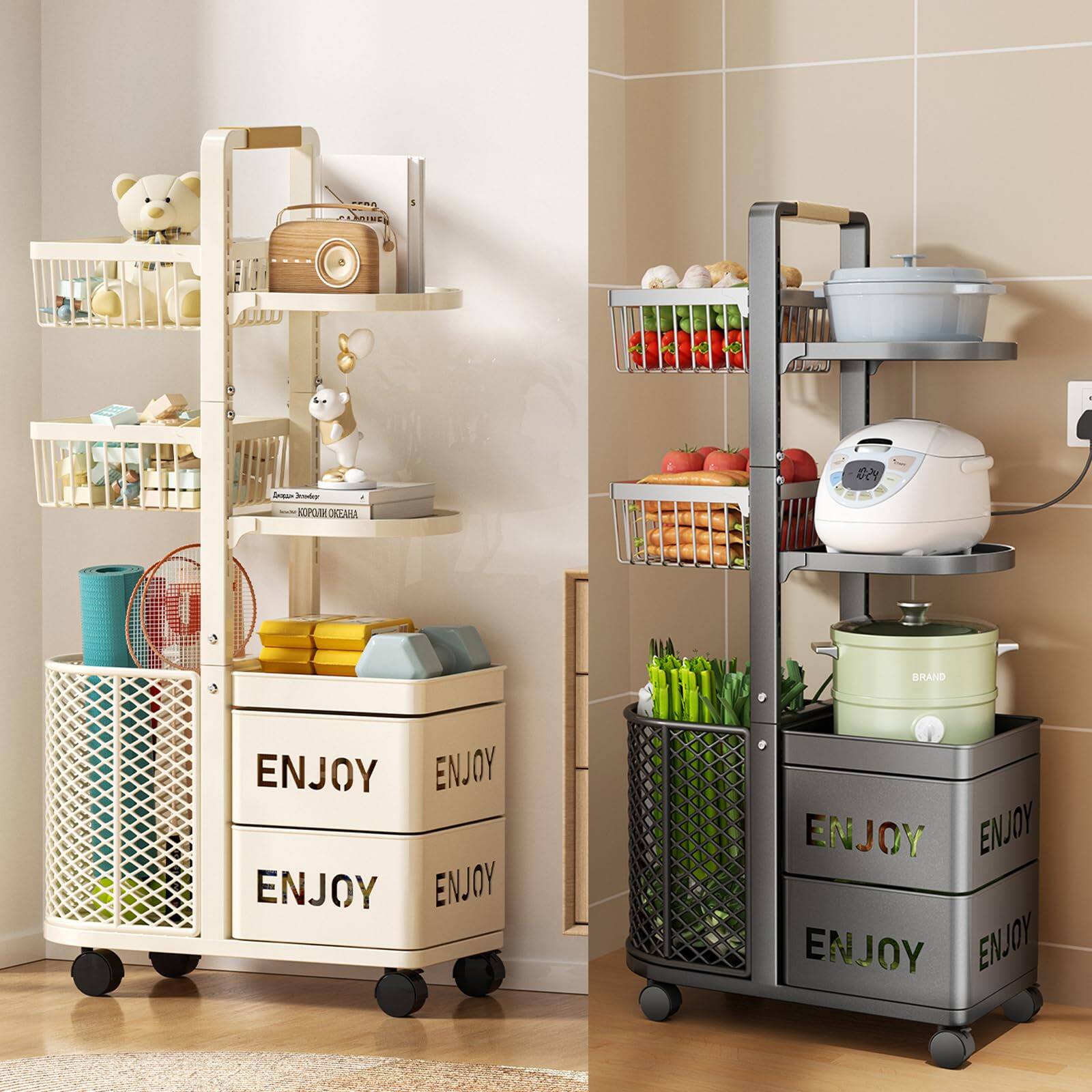 ⏰Last Day Sale GH₵ 199 💥Buy 1 Get 1 Free-Swivel & Detachable Wheeled Storage Cart - Adjustable Tiered Shelves