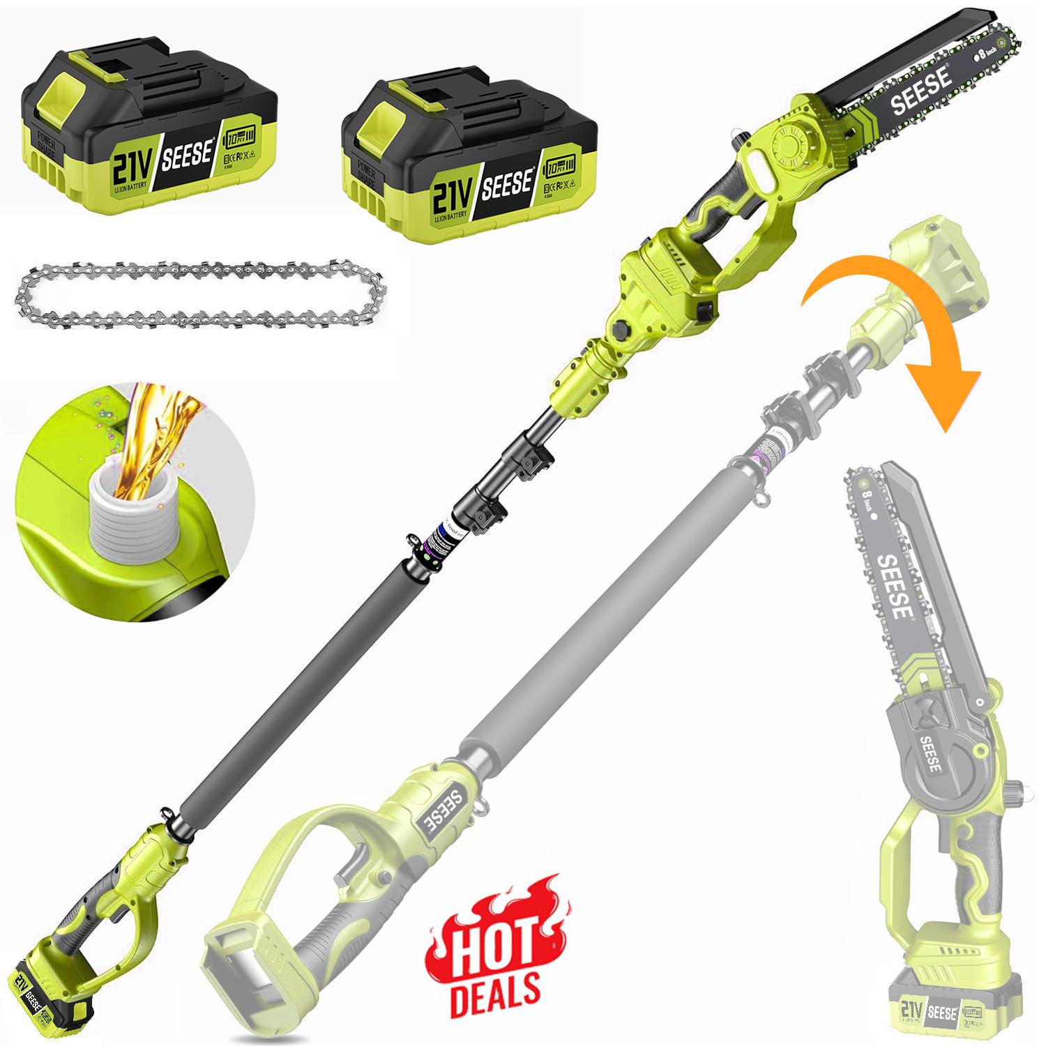 SEESE 2 in 1  Chainsaw with 2 x 21V Batteries, 8" Brushless Electric Pruner, Telescopic Pruning Saw, Working Height up to 15ft, 180° Angled Head, Shoulder Strap