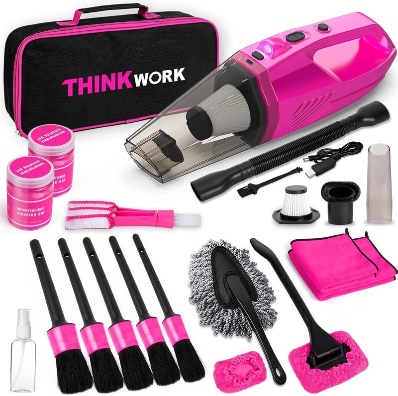 THINKWORK Car Detailing Kit Interior Cleaner with 8000PA Cordless Pink Handheld Vacuum Cleaner & 5 Detailing Brushes