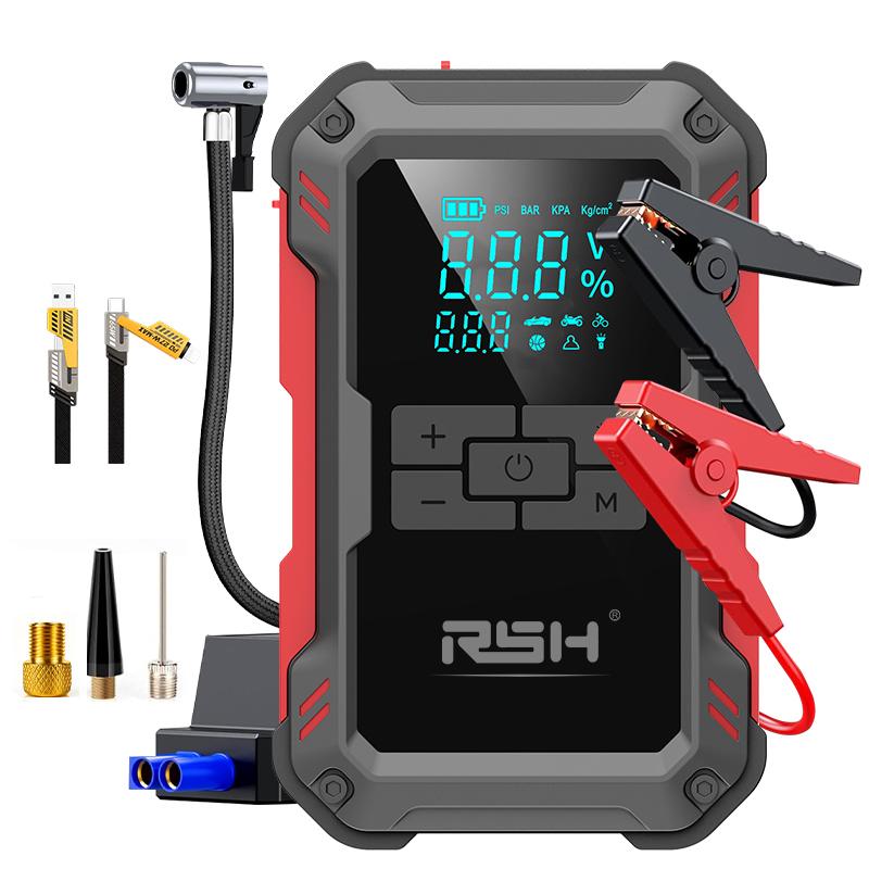 15000mAh Ultra-Safe Jump Starter – Starts all 12V battery vehicles. Features 150 PSI air compressor, 18W fast charging, tire pressure check, and LED light. Includes jumper cables, air hose, storage bag, and 4-in-1 charging cable