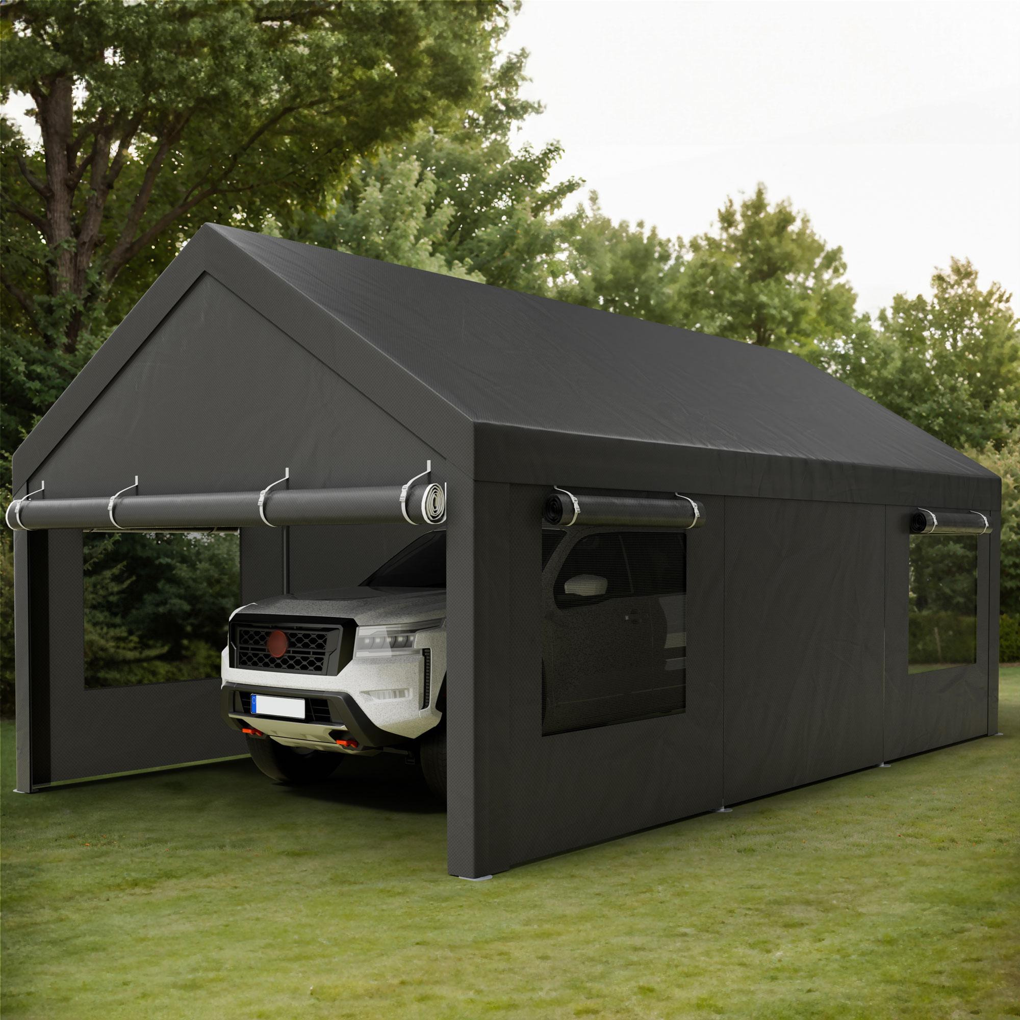 Walsunny Carport 12x20ft Outdoor Car Canopy Portable Garage, Heavy Duty Shed Tent Port with Roll-up Ventilated Windows & Removable Sidewalls Shelter Storage Vehicle Party Moisture,Hurricane protectionPrevention for Camp, Farm, Tool, Grey, Khaki, White,Durable Pvc