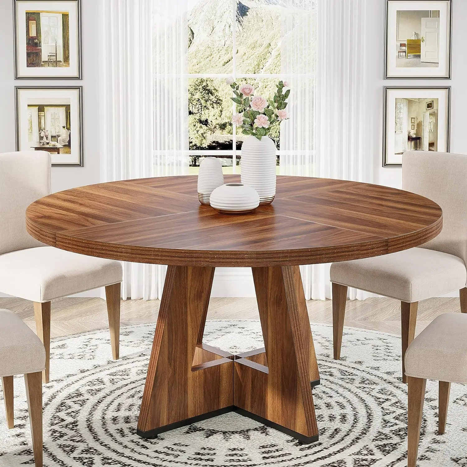 47 Inch Round Dining Table for 4 - High-Quality Engineered Wood, Easy to Clean, Waterproof, Durable,Chair Not Included Pedestal Tabletop Mode