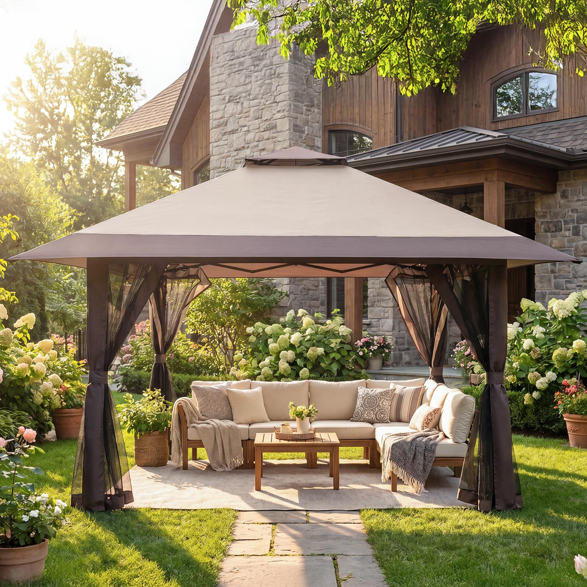 13x13 Pop Up Gazebo, Outdoor Canopy Tent with 4 Mosquito Netting, One Push Setup Gazebos for Patio Furniture, Backyard, Parties Events with Portable Carrrying Bag, 4 Sandbags