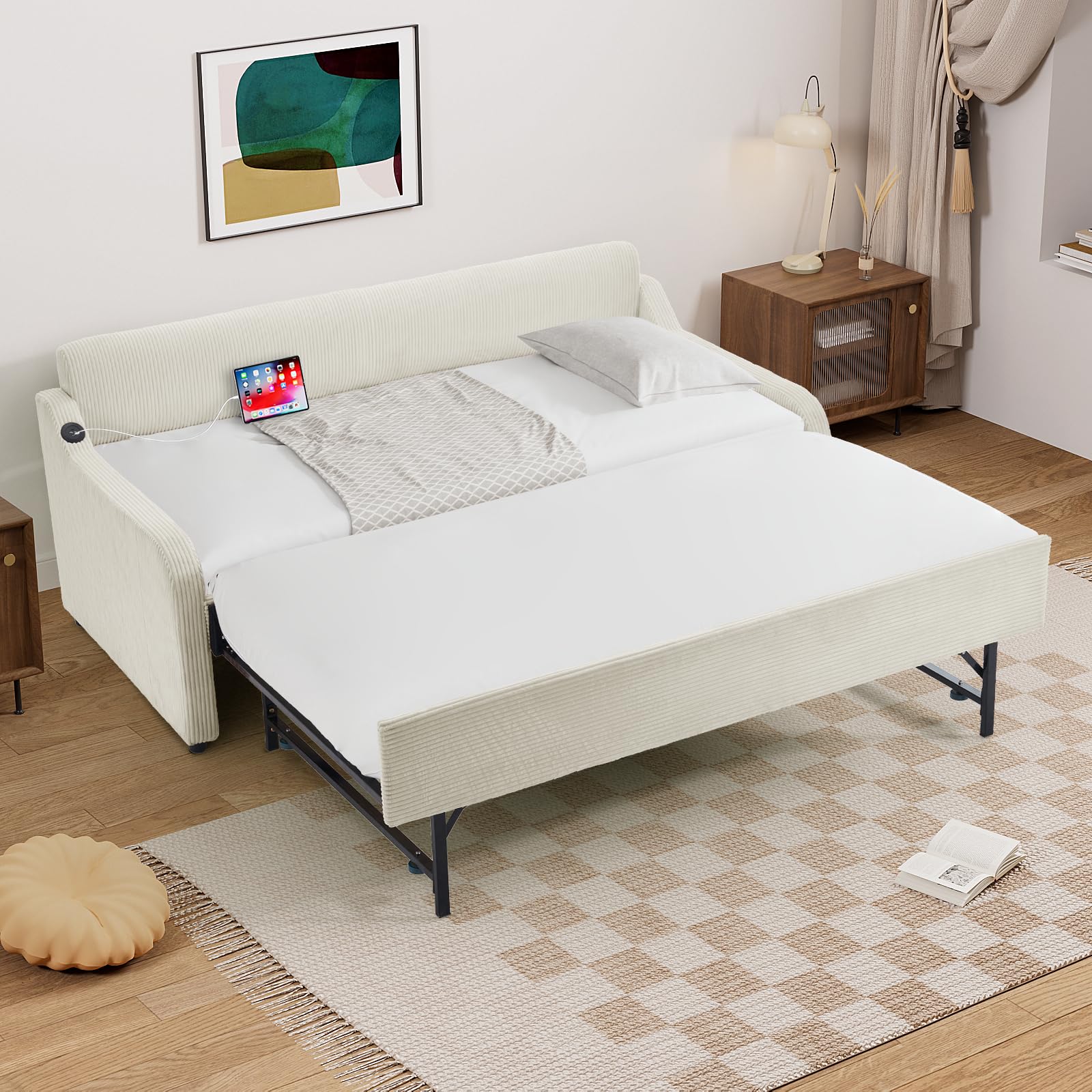 Modern Twin to King Convertible Daybed with Trundle & USB Charging Port for Family Homes
