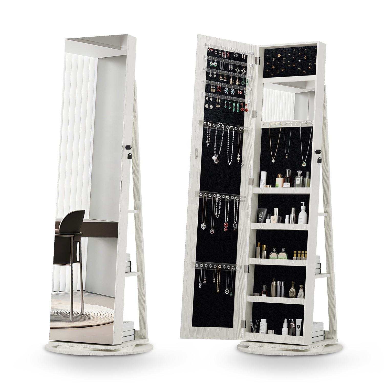 Mirror by Day, Beauty Station by Night – 360° Rotating LED Jewelry Cabinet with Large Storage