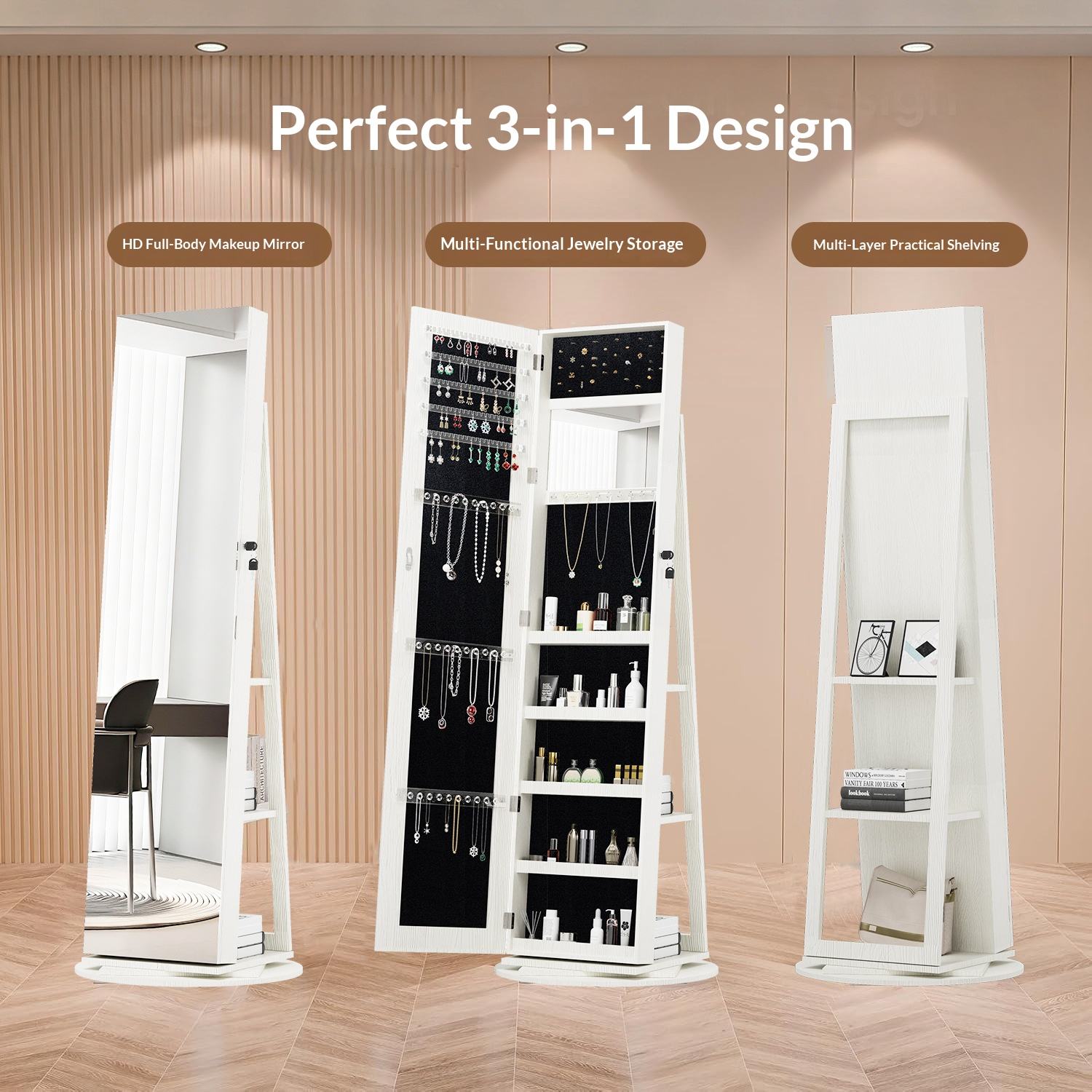 Mirror by Day, Beauty Station by Night – 360° Rotating LED Jewelry Cabinet with Large Storage