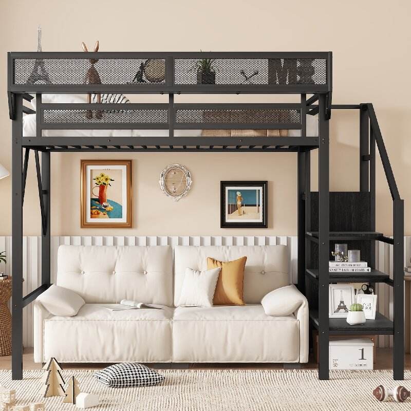 Space-Saving Metal Loft Bed with Stairs, Wardrobe & Storage Shelves for Kids and Teens