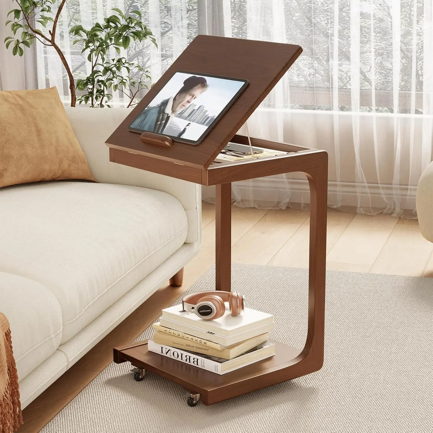 🔥 Rolling Side Table – Solid Wood Mobile Side Table with Wheels, Adjustable Sofa Table for Living Room, Bedroom, and More