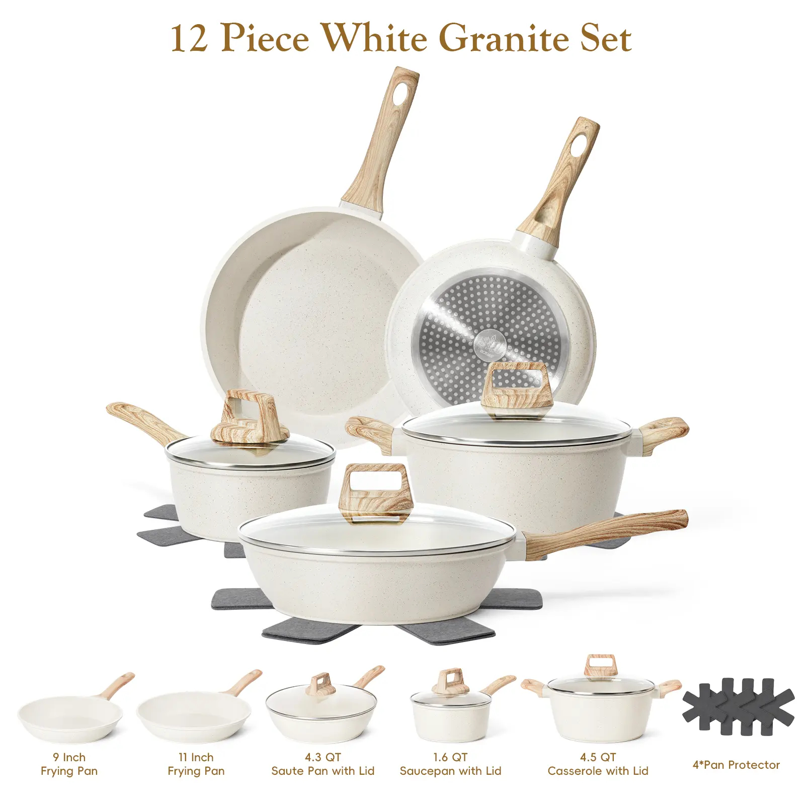 12PCS Pots and Pans Set Non Stick Kitchen Cookware Sets Granite Cooking Set with Frying Pans, Saucepans, Steamer Nonstick Pots with Glass Lid Kitchenware Induction Aluminium, Cookware Sets