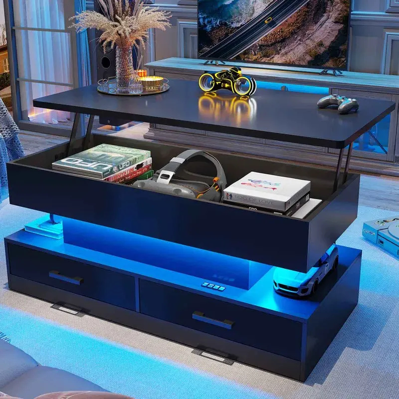 40" Lift Top Coffee Table, Coffee Tables with Storage for Living Room, Small Coffee Table with 2 Drawers & LED Light for Dining and Reception Room