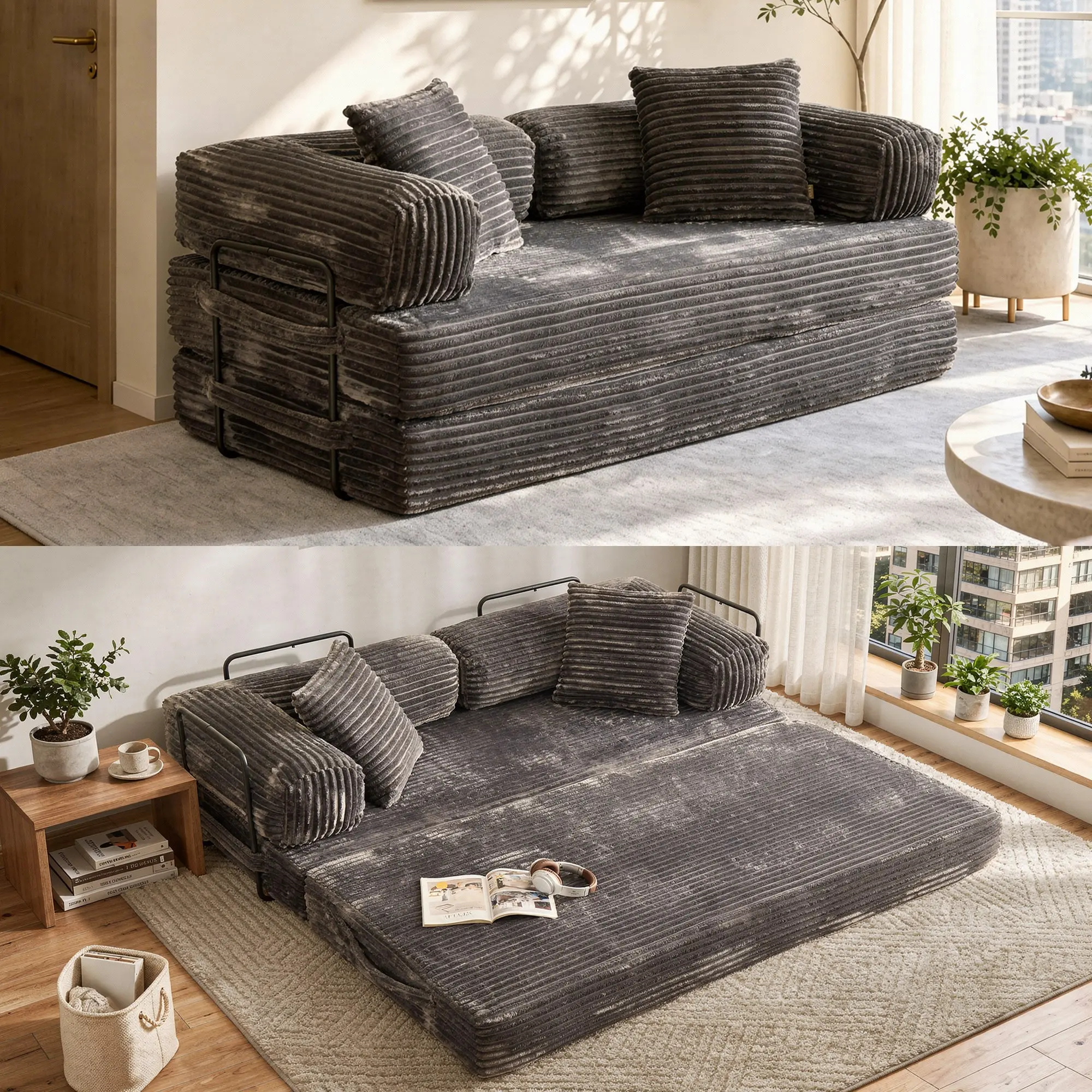 80"Oversized Boneless Couch, 5-in-1 Convertible Sleeper Sofa Bed, Deep Seat Corduroy Modular Floor Sofa, Foldable Pull-Out Couch for Living Room, Apartment,No Assembly