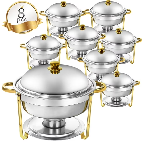 🔥PRIJESSE 6-Quart Gold Round Buffet Hot Pot Set with Food and Water Trays for Catering, Parties, Hotels, and Weddings