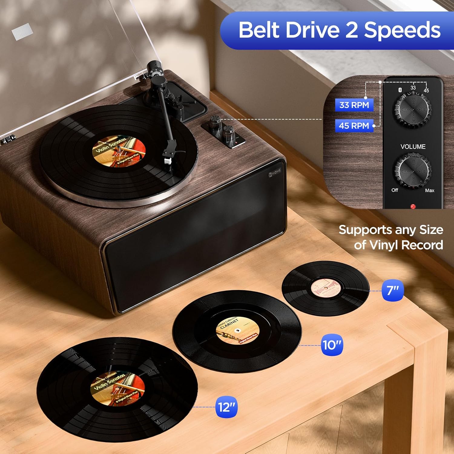XJ-HOME All in One Vinyl Record Player,Bluetooth Turntable Built in 4 Stereo Speakers Phono Preamp,High Fidelity Turntables for Vinyl Records with Magnetic Cartridge AT-3600L MM,Belt Drive 2-Speed,33/45 RPM