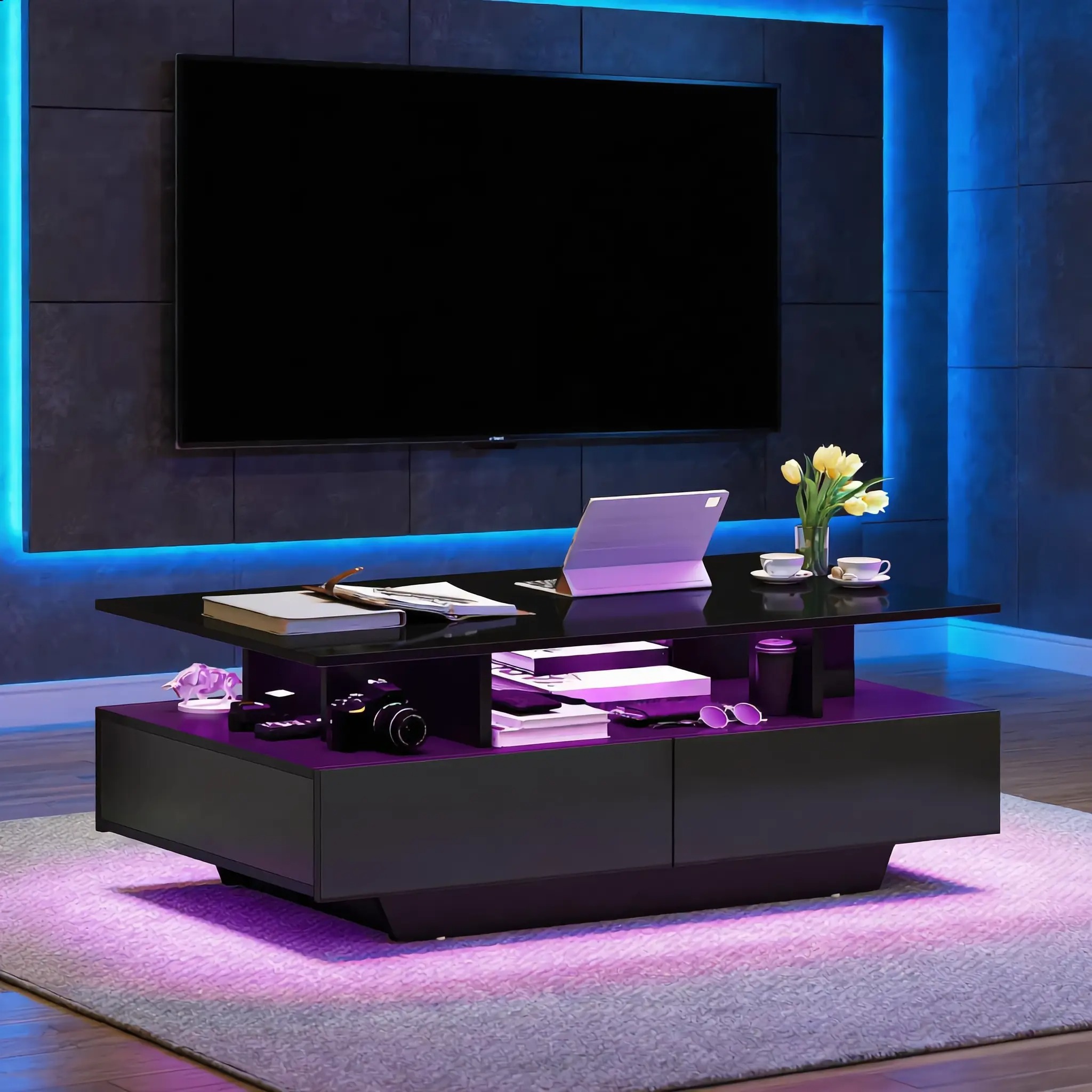 💥Limited Time: 80% OFF Everything!💥Yitahome LED Coffee Table with Storage, High Glossy LED Coffee Tables for Living Room, Small Center Table with Open Display Shelf&Sliding Drawers