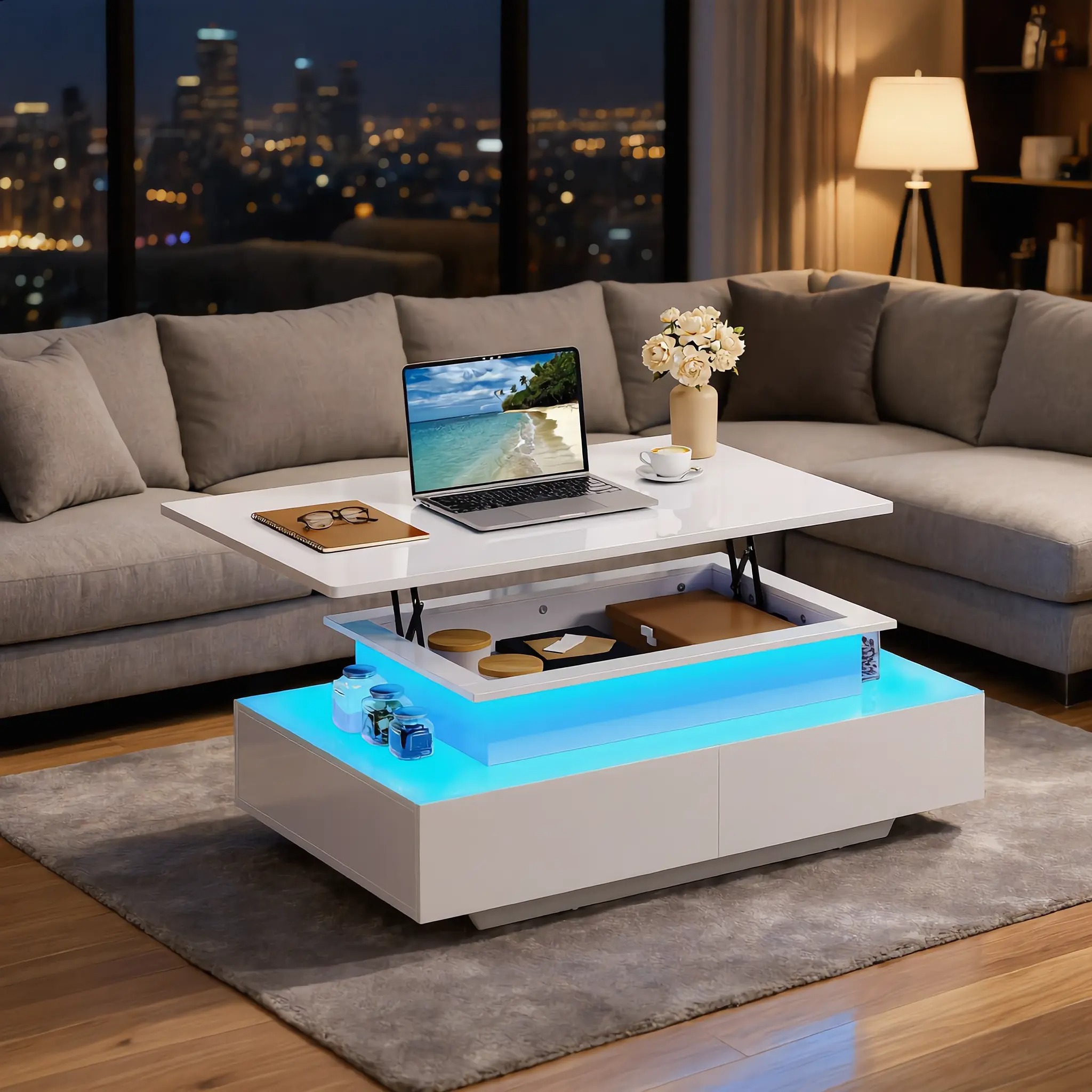 💥Limited Time: 80% OFF Everything!💥Yitahome LED Coffee Table with Storage, High Glossy LED Coffee Tables for Living Room, Small Center Table with Open Display Shelf&Sliding Drawers