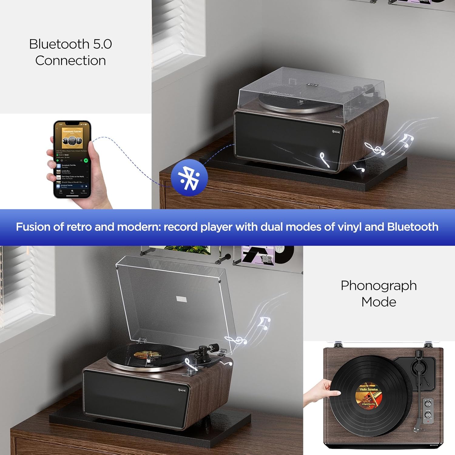 XJ-HOME All in One Vinyl Record Player,Bluetooth Turntable Built in 4 Stereo Speakers Phono Preamp,High Fidelity Turntables for Vinyl Records with Magnetic Cartridge AT-3600L MM,Belt Drive 2-Speed,33/45 RPM