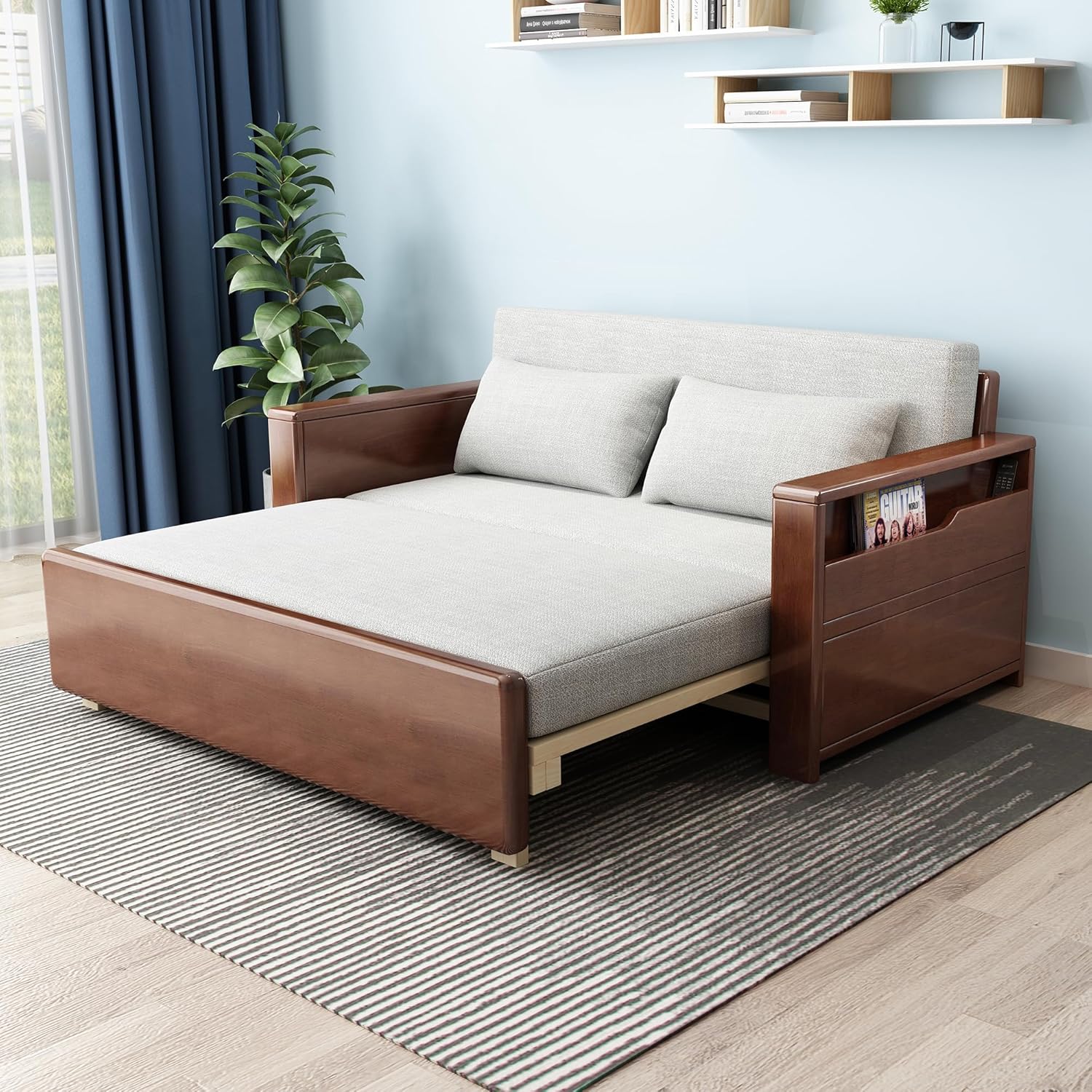 70.8Queen grey cushion Convertible Sofa Sleeper with Storage,Sectional Sleeper Sofa with Reversible Chaise,Solid wood Sofa Bed 3 in 1 Pull Out Couch Bed for Living Room,Apartment,Bedroom and Office