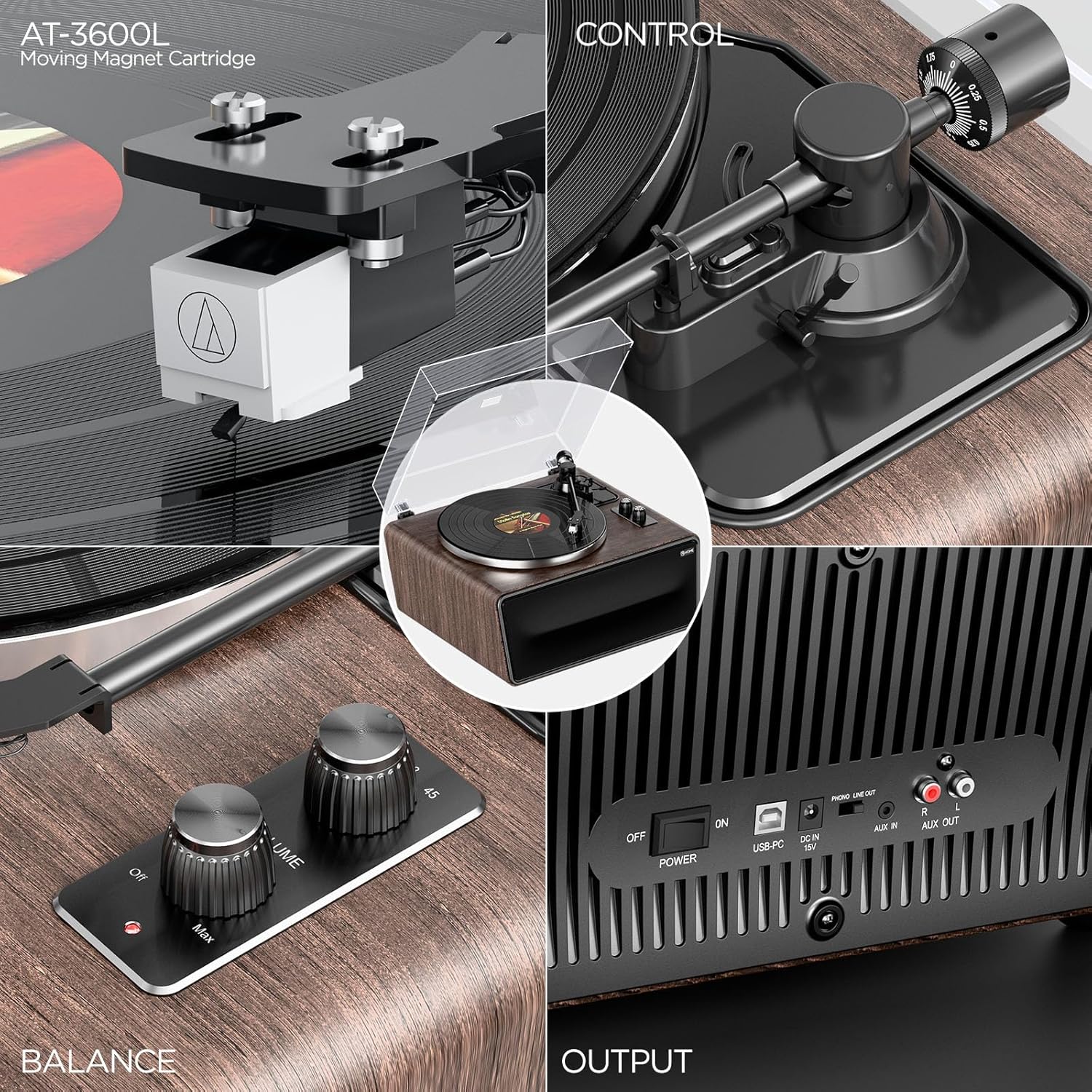 XJ-HOME All in One Vinyl Record Player,Bluetooth Turntable Built in 4 Stereo Speakers Phono Preamp,High Fidelity Turntables for Vinyl Records with Magnetic Cartridge AT-3600L MM,Belt Drive 2-Speed,33/45 RPM