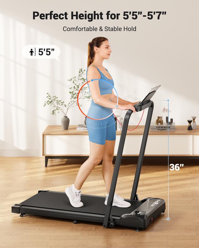 oldable Walking Pad Treadmill with Handle, Low-Noise Motor 300 lbs Load Shock Absorption LED Display & Remote Control Compact Treadmill for Home & Office Exercise