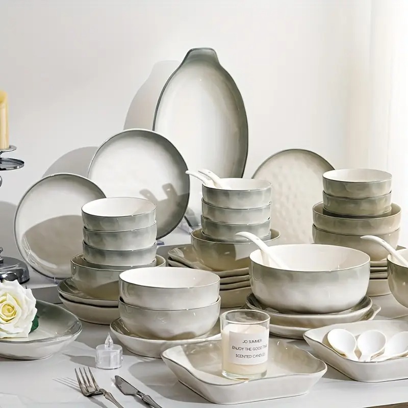 18/28/38/45pcs Ceramic Tableware Set, Dark Gradient, High-end Elegant, Soup Noodle Bowl, Rice Bowl, Pasta Plate, Fruit Plate, Suitable for Restaurants, Hotels, Kitchens, etc