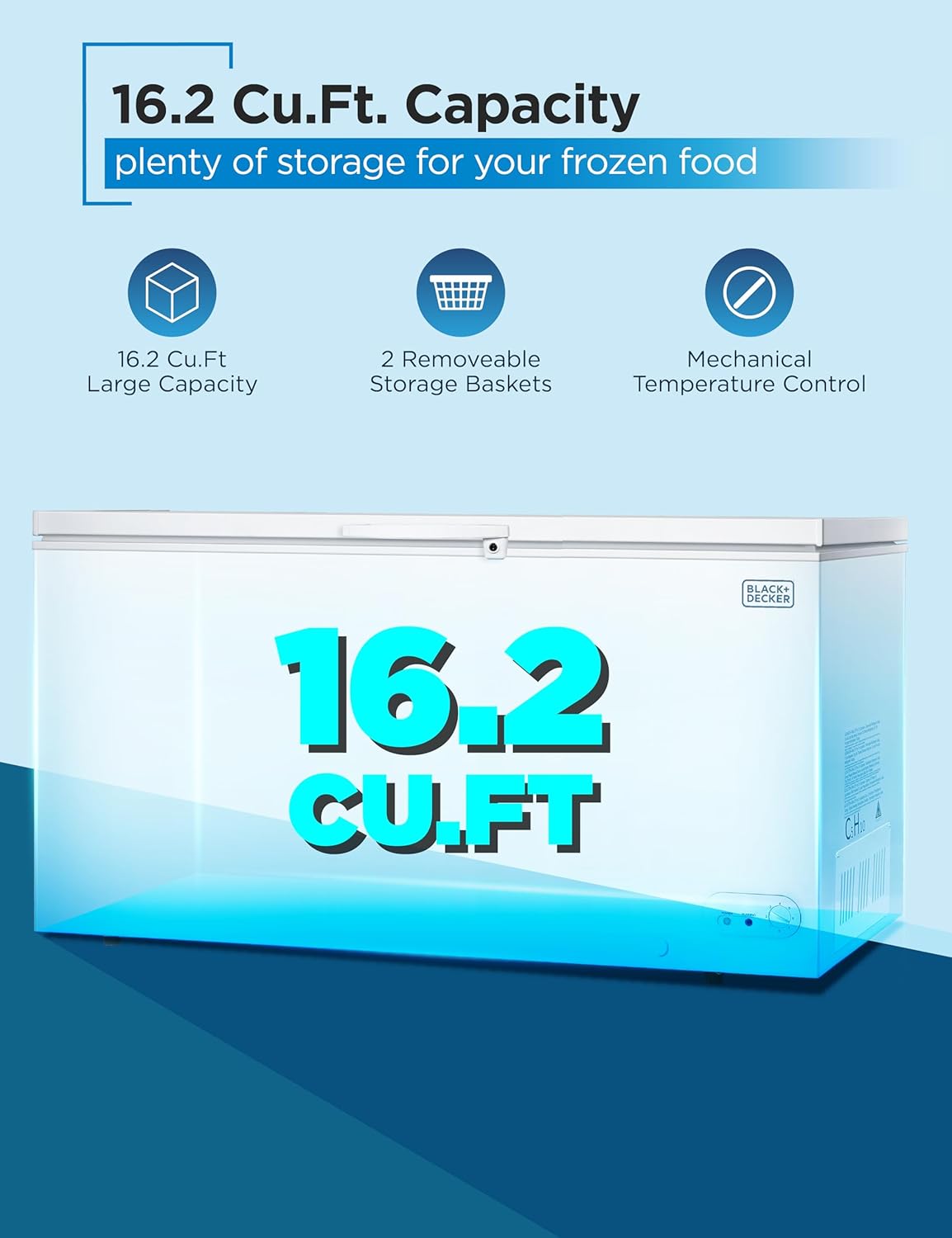 BLACK+DECKER 16.2 Cu. Ft. Chest Freezer, Deep Freezer with Top Opening, Freezer Chest with 2 Removable Storage Baskets, Mechanical Temperature Control, Manual Defrost, R600a Refrigerant,BCF1620E,White
