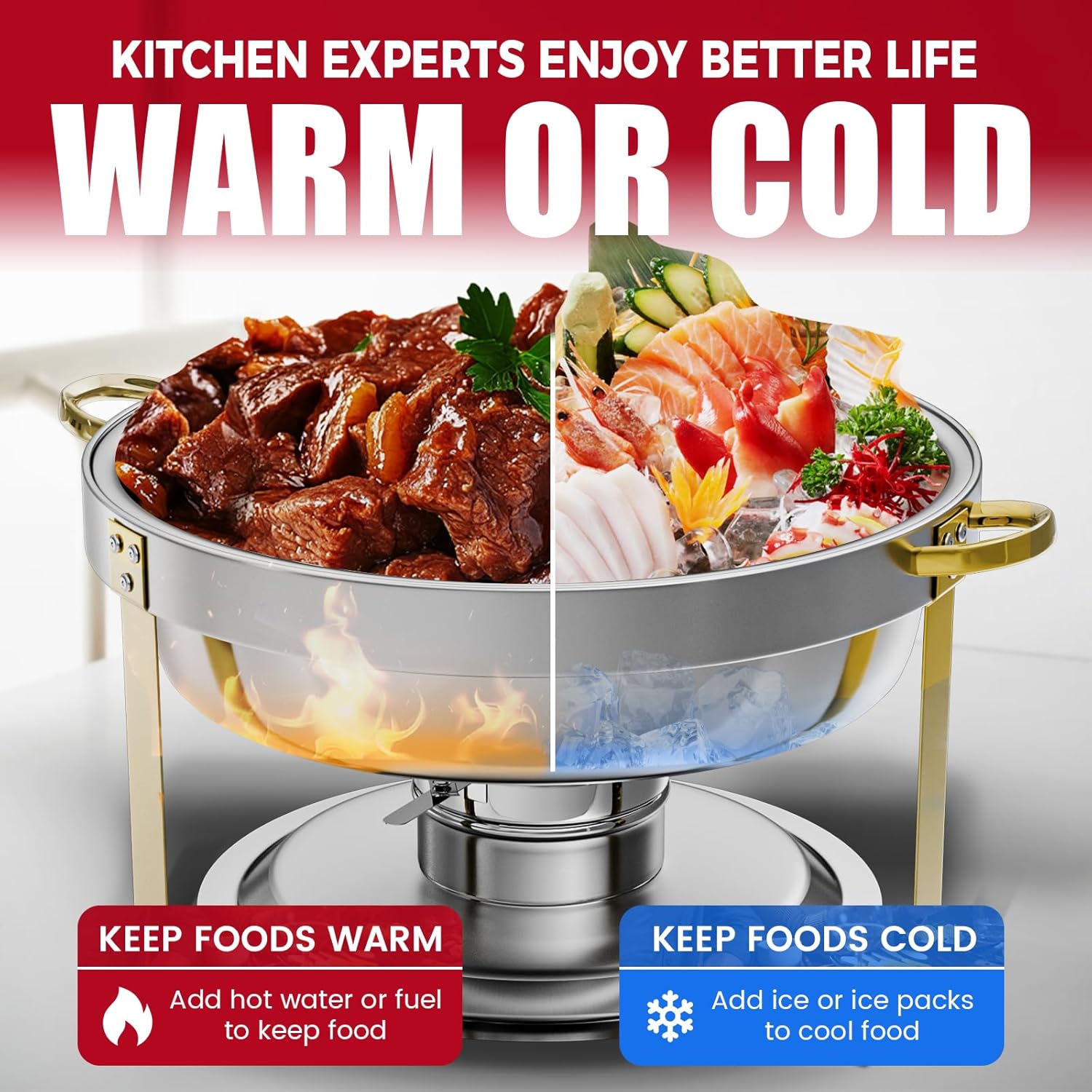 🔥PRIJESSE 6-Quart Gold Round Buffet Hot Pot Set with Food and Water Trays for Catering, Parties, Hotels, and Weddings