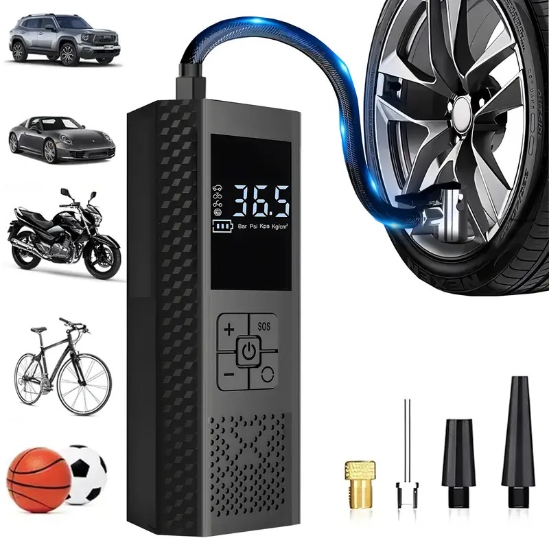 Tire Inflator Portable Air Compressor - 3X Fast 150 PSI Car Tire Air Pump - Cordless Car Tire Inflator with Pressure Gauge and LED Light - Electric Air Pump with Auto Shutoff for Car, Motorcycle, Bicycle, Balls