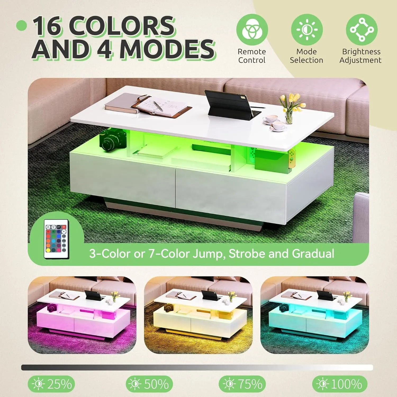 💥Limited Time: 80% OFF Everything!💥Yitahome LED Coffee Table with Storage, High Glossy LED Coffee Tables for Living Room, Small Center Table with Open Display Shelf&Sliding Drawers