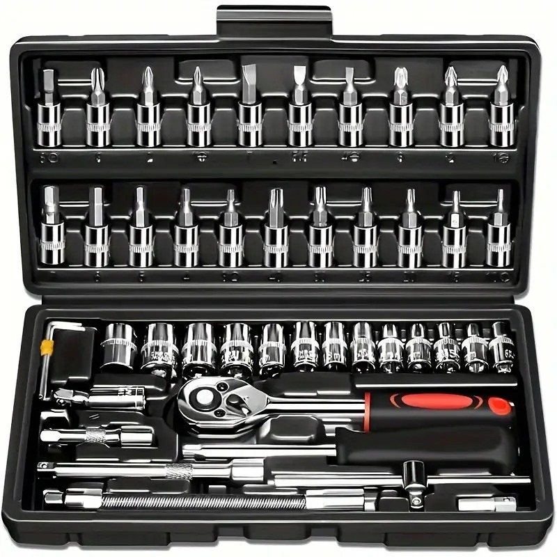 46pcs Automotive Mechanical Repair Tool Set, Multifunctional with Socket, Wrench and Ratchet Set, Durable Metal Structure Toolbox with Storage Box