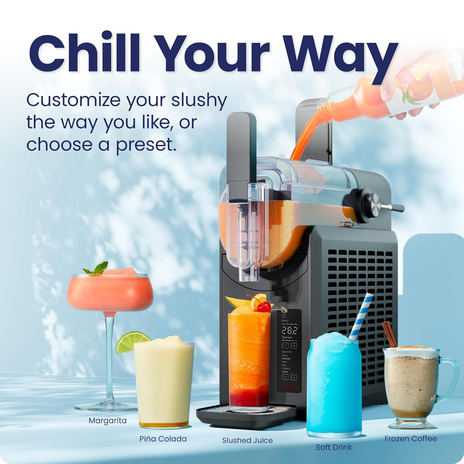 Slushie Machine, Frozen Drink Maker & Slushy Machine with 5 Presets + Custom Option, Easy-Dispensing Lever for Frozen Margaritas, Frappes, and Slushies - Black