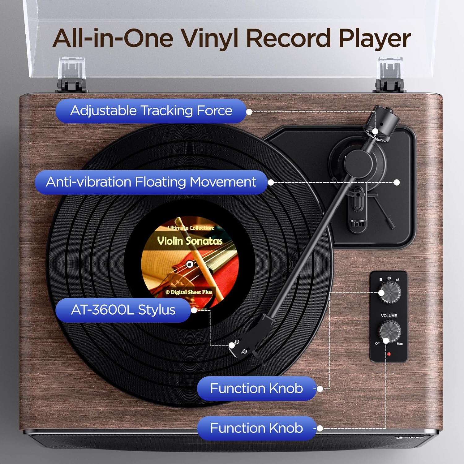 XJ-HOME All in One Vinyl Record Player,Bluetooth Turntable Built in 4 Stereo Speakers Phono Preamp,High Fidelity Turntables for Vinyl Records with Magnetic Cartridge AT-3600L MM,Belt Drive 2-Speed,33/45 RPM